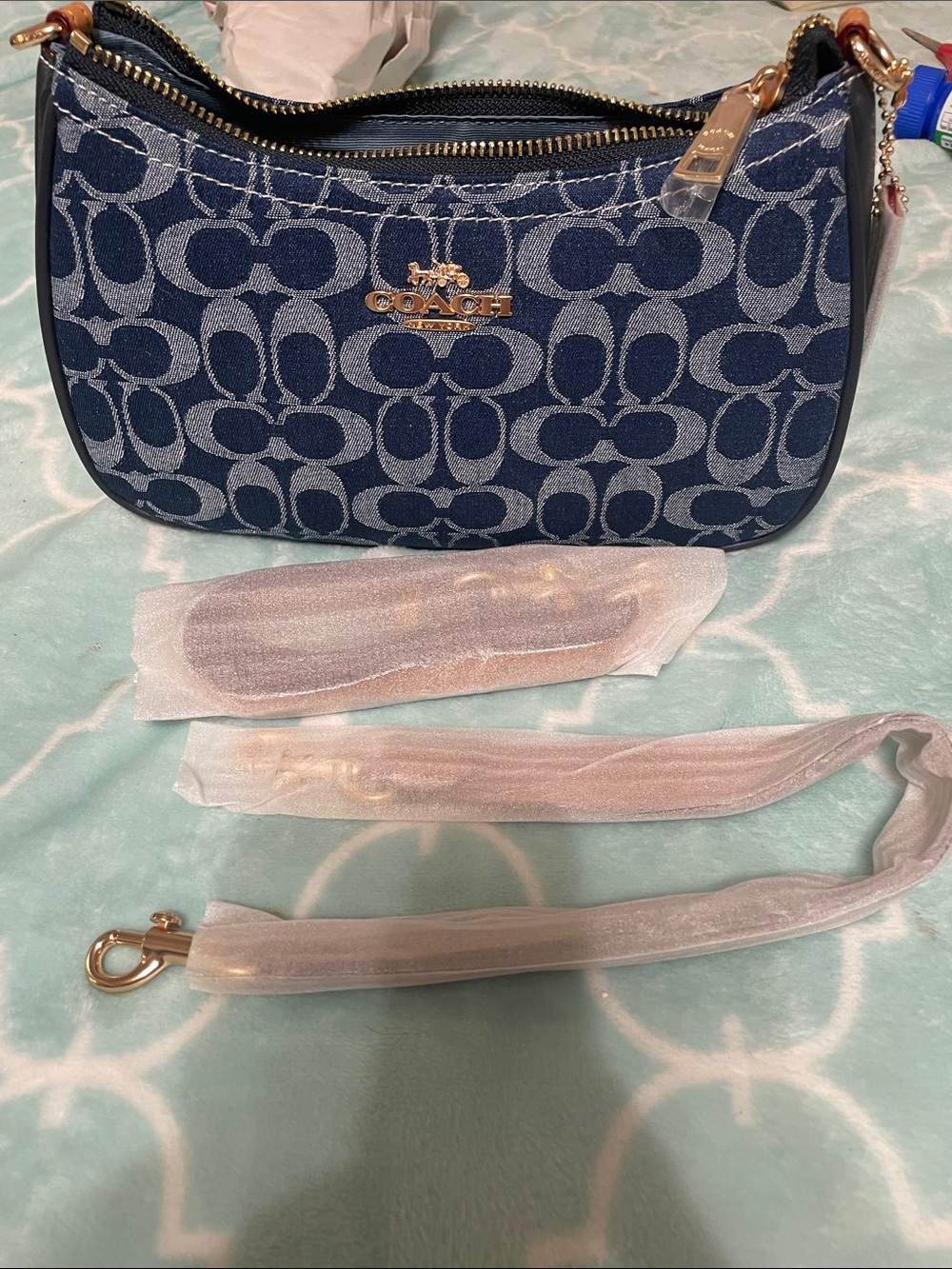 Coach Navy Blue Signature Canvas Shoulder Bag with Gold Hardware